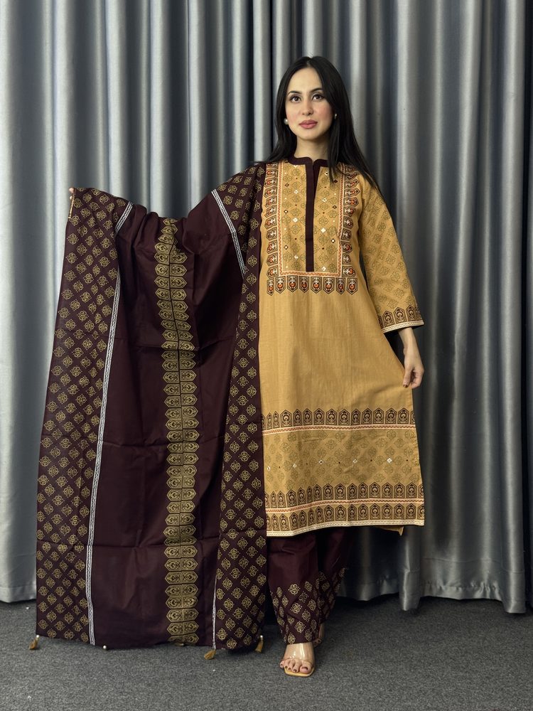 Ajrakh Mustard Three Piece worn by a model, full length