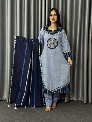 Chambray Blue Medallion Three Piece worn by a model, full length