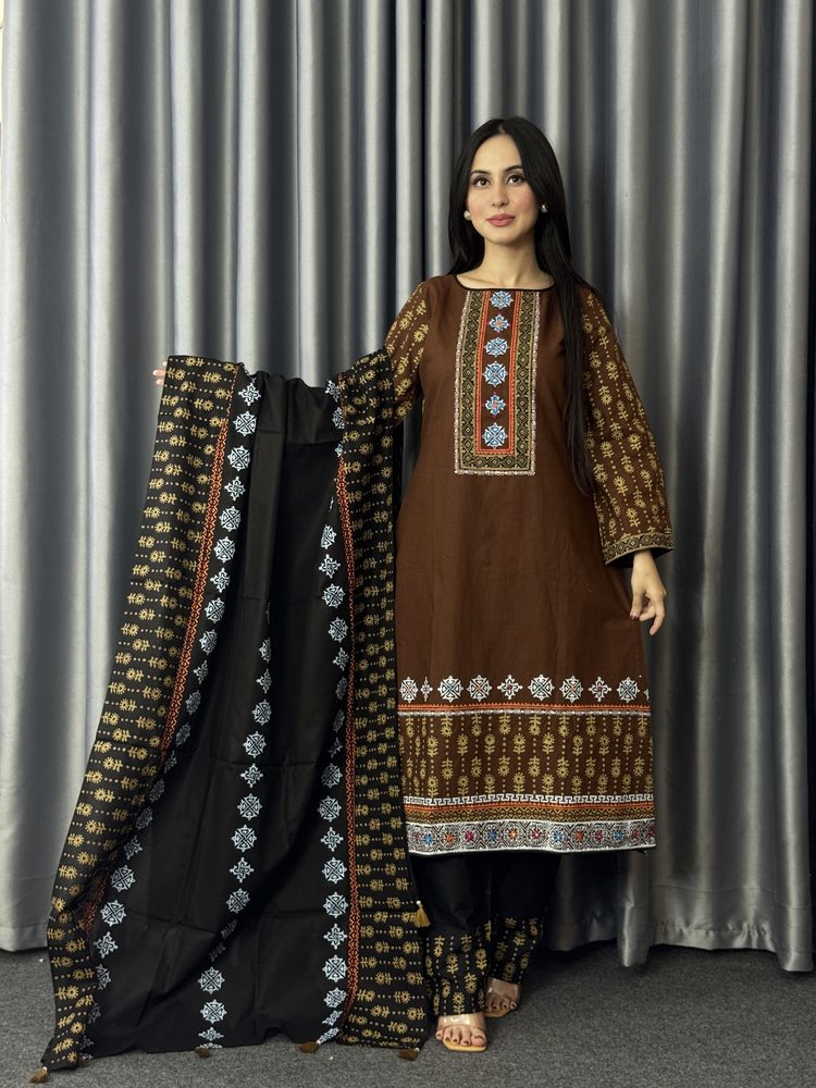 Cocoa Brown Gold Print Three Piece worn by a model, full length