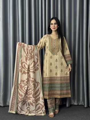 Cream Block Print Three Piece worn by a model, full length