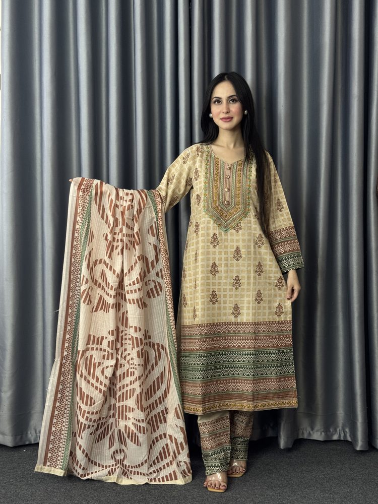 Cream Block Print Three Piece worn by a model, full length