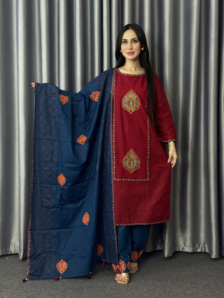 Deep Red & Indigo Three Piece worn by a model, full length