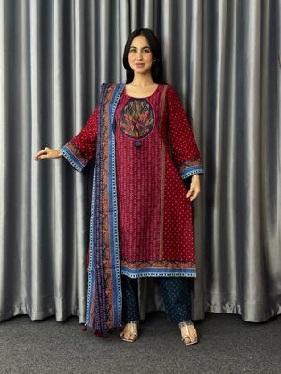 Maroon Medallion Three Piece worn by a model, full length