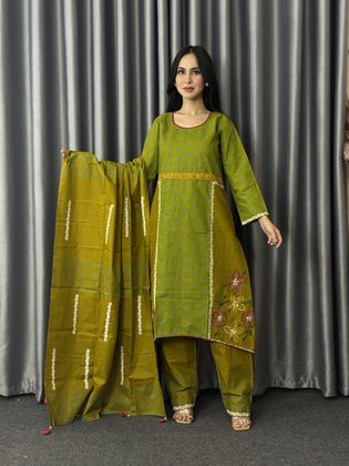 Mehendi Green Floral Three Piece worn by a model, full length