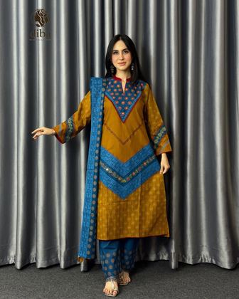 Mustard & Teal Chevron Three Piece worn by a model, full length