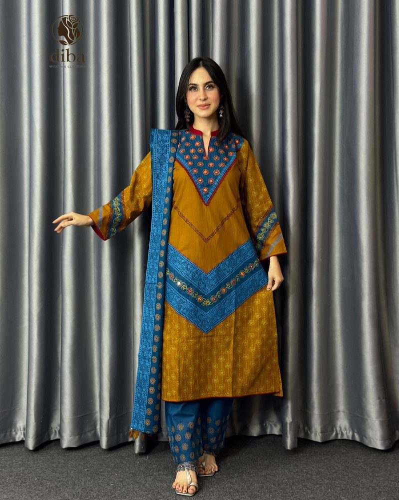 Mustard & Teal Chevron Three Piece worn by a model, full length