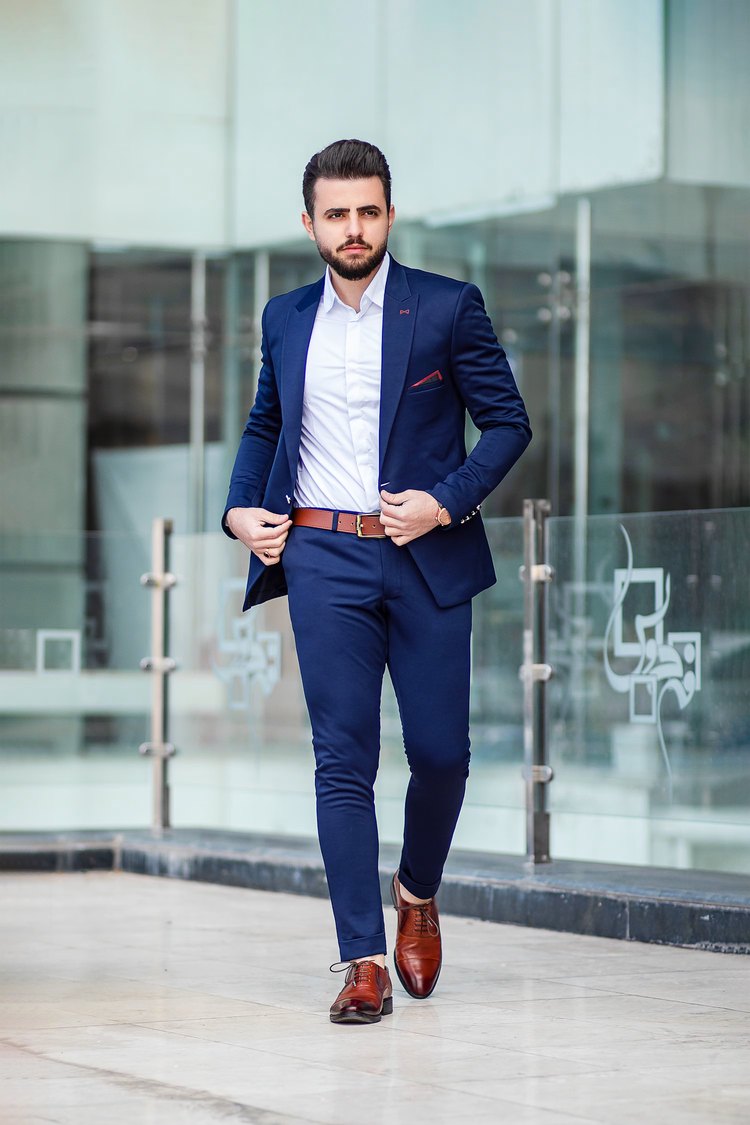 Navy Formal Shirt & Trouser Set worn by a model, full length