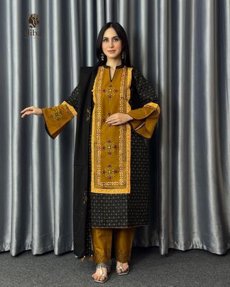 Ochre & Black Panel Three Piece worn by a model, full length