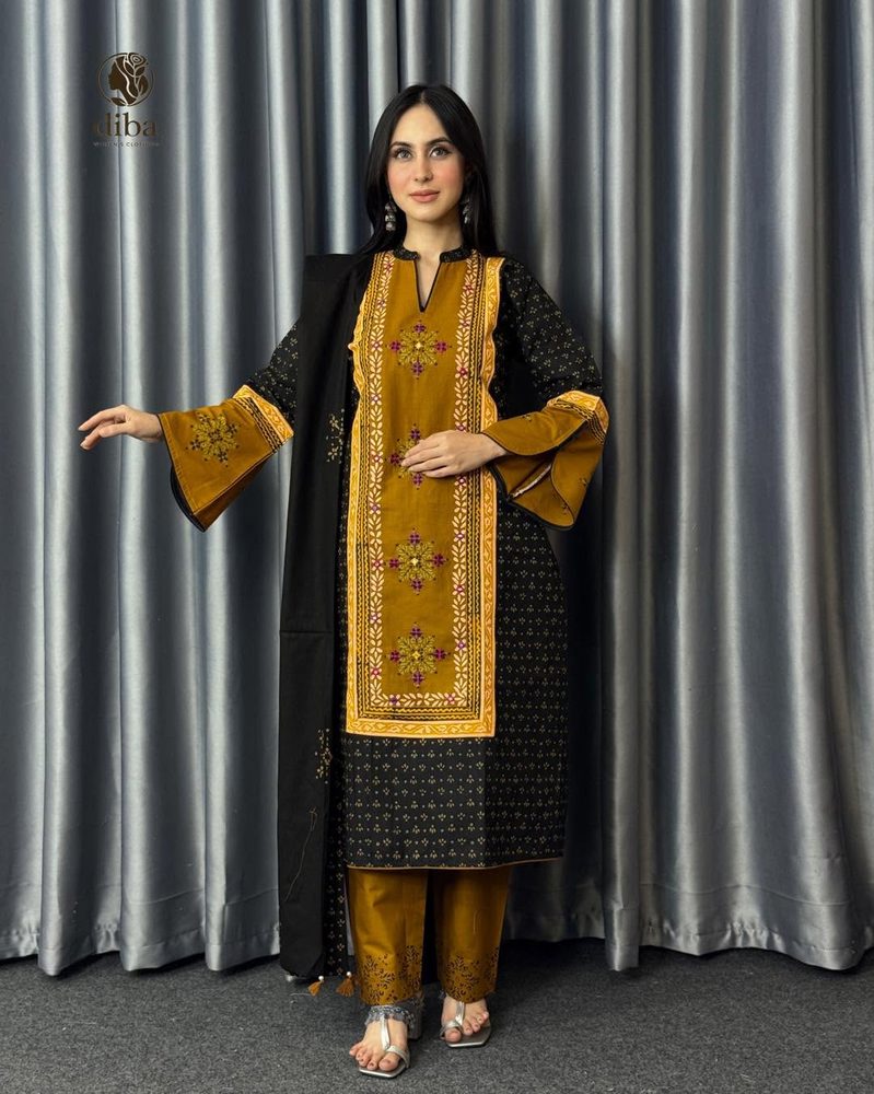 Ochre & Black Panel Three Piece worn by a model, full length