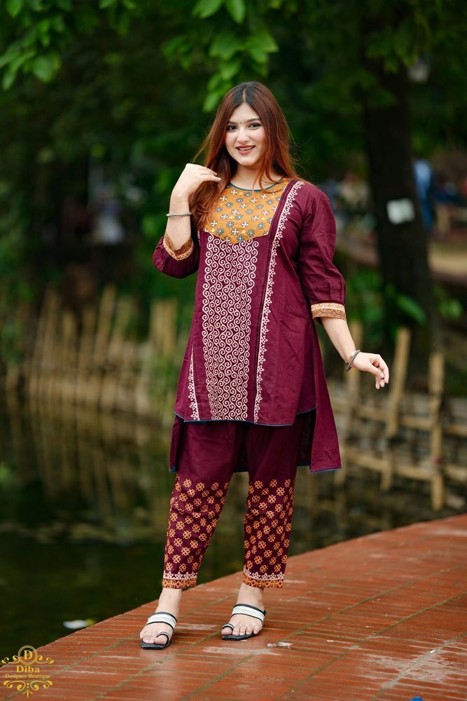 Plum Swirl Co-ord Set worn by a model, full length