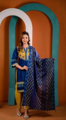 Royal Blue & Mustard Three Piece worn by a model, full length