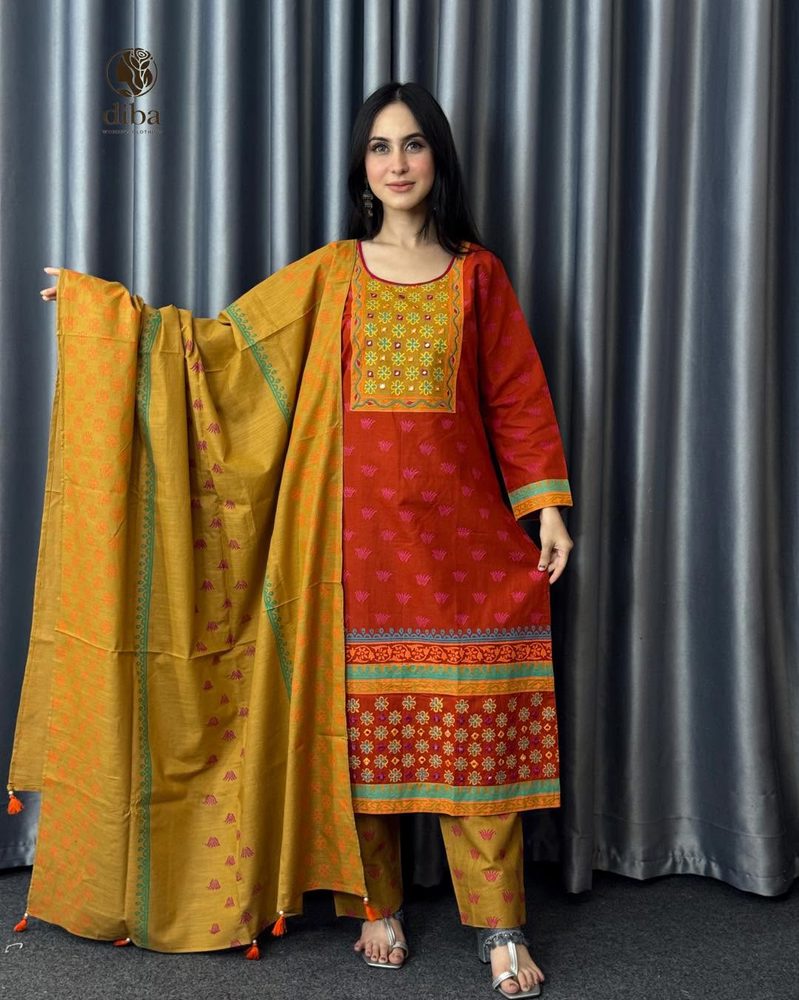 Rust Mirrorwork Three Piece worn by a model, full length