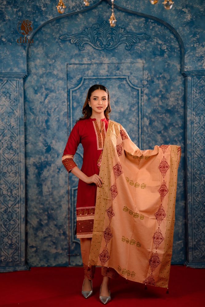 Scarlet Kameez with Peach Dupatta worn by a model, full length