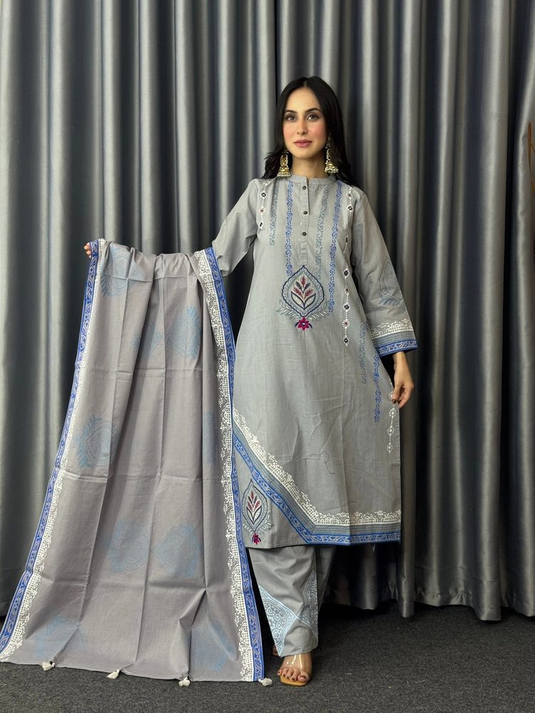 Slate Grey Embroidered Three Piece worn by a model, full length