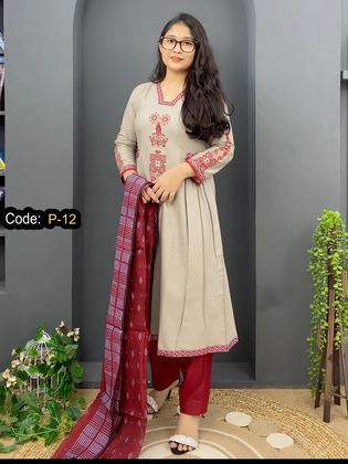 Stone Beige & Maroon Three Piece worn by a model, full length