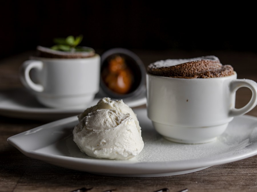 Chocolate soufflé with ice cream and caramel sauce